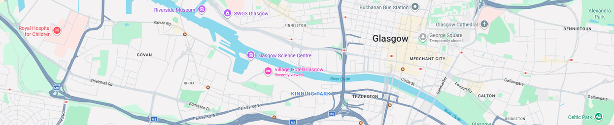 Map showing Village Hotel Glasgow and the surrounding Glasgow area